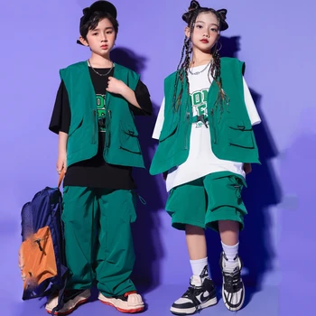 Новые детские танцевальные костюмы в стиле хип-хоп, зеленый жилет, свободные брюки, костюм для девочек, современное джазовое шоу, сценическая одежда для рейва, DQS13016
