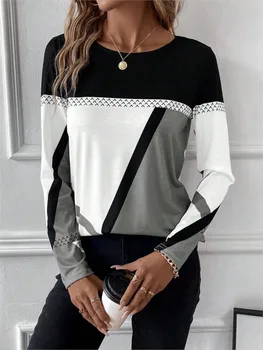 Новый женский пуловер с длинными рукавами и круглым вырезом, модный топ контрастного цвета в стиле пэчворк с геометрическим принтом, женская футболка