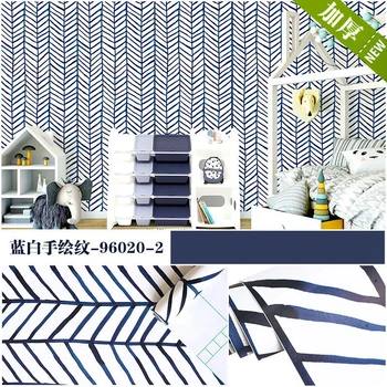 Обои в геометрическую елочку, обои в белую и синюю линии, самоклеящиеся наклейки на стену для домашнего декора спальни