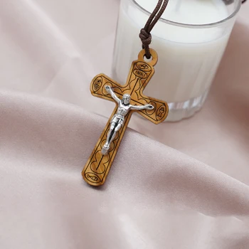 Оливковое дерево Крест Кулон ожерелье ремесла религиозные Священные Медали