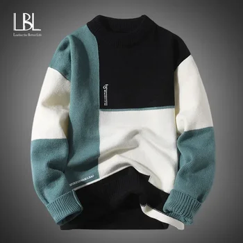 Осенне-зимние Теплые Мужские свитера 2023, Модные Пуловеры в стиле пэчворк с круглым вырезом, Новый Корейский Уличный свитер, Повседневная Мужская одежда