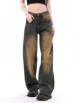Осенние женские Американские Винтажные Мешковатые джинсы Джинсовые брюки с прямыми штанинами Длинные брюки Классическая Винтажная японская Уличная одежда Y2k Стильная