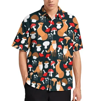Пляжная рубашка с грибным дизайном, Мужские повседневные рубашки с милым принтом Лисы, Гавайский короткий рукав с графическим рисунком Y2K, блузки оверсайз В подарок