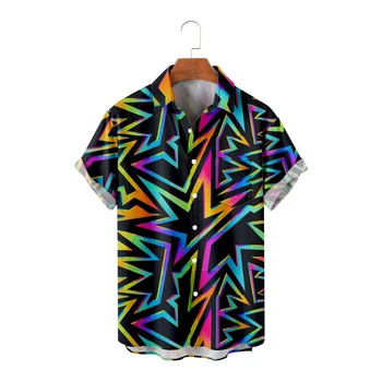 Повседневная гавайская рубашка в стиле ретро для мужчин, пляжная рубашка в полоску со звездами, модная одежда оверсайз для улицы Харадзюку с 3D-принтом
