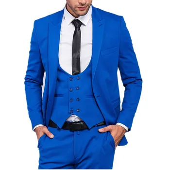 Приталенный мужской костюм синего цвета с жилетом, свадебный сценический костюм, пиджак, Праздничная вечеринка, индивидуальный топ + брюки + майка