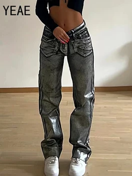 Прямые джинсы YEAE с металлическим узором для женщин 2023, свободные джинсовые брюки с высокой талией и широкими штанинами, винтажные осенние блестящие низы уличной одежды Y2K