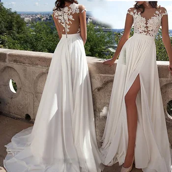 Свадебное платье с глубоким V-образным вырезом для женщин 2024, свадебные платья принцессы невесты, белые кружевные платья с высокой вилкой длиной до пола, длинные платья