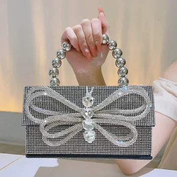 Серебряная вечерняя сумочка с бабочками и кристаллами, вечерние сумки для банкета, роскошная мини-сумка-футляр с бисерной ручкой, женская сумочка со стразами