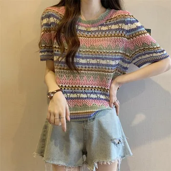 Совершенно новая вязаная женская футболка с коротким рукавом, вязаная футболка с круглым вырезом, пуловер в полоску, Летние топы в корейском стиле