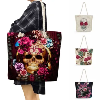 Сумки для покупок с цветочным принтом Черепа, череп на Хэллоуин, новая мода, День мертвых, женская сумка-тоут, женские сумки через плечо