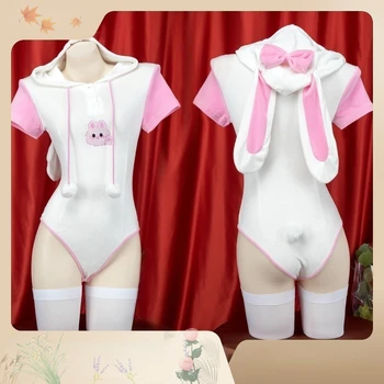 Цельные костюмы Cute Rabbit Girl для косплея, сексуальный комбинезон с капюшоном, ночное белье, боди с заячьими ушками из аниме Каваи, женская одежда для ролевых игр