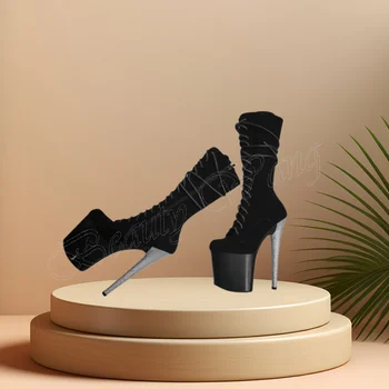 Черные Замшевые Ботинки на шнуровке На Платформе С Круглым Носком И Острым Каблуком, Женская Обувь на Высоком Каблуке, Босоножки с круглым Носком, Новинка 2023 года, Zapatos Para Mujere