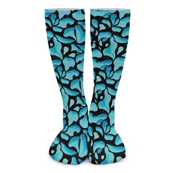 Чулки с синим принтом листьев, Женские Носки с абстрактными листьями, Удобные готические носки, Нескользящие Носки на заказ, Подарок