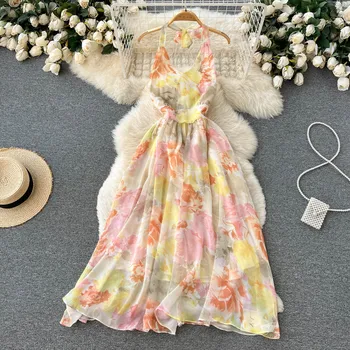 Элегантное сетчатое платье с цветочным рисунком, женские летние пляжные платья без рукавов с V-образным вырезом и открытой спиной, тонкий длинный халат трапециевидной формы, Vestidos