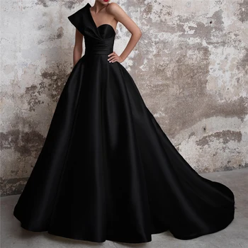 Элегантные Черные платья для выпускного вечера трапециевидной формы с драпировкой на одно плечо, без спинки, Длиной до пола, Атласные Вечерние платья на заказ