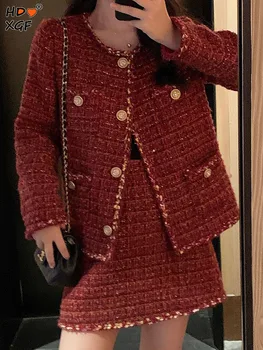 Элегантный женский комплект из 2 предметов, Винтажный однобортный пиджак из красного Твида с лацканами и карманами + Корейская модная мини-юбка трапециевидной формы с высокой талией